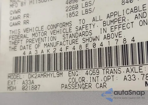 2008 Mitsubishi Eclipse Gs z USA, uszkodzony, nr VIN 4A3AK24F48E041784